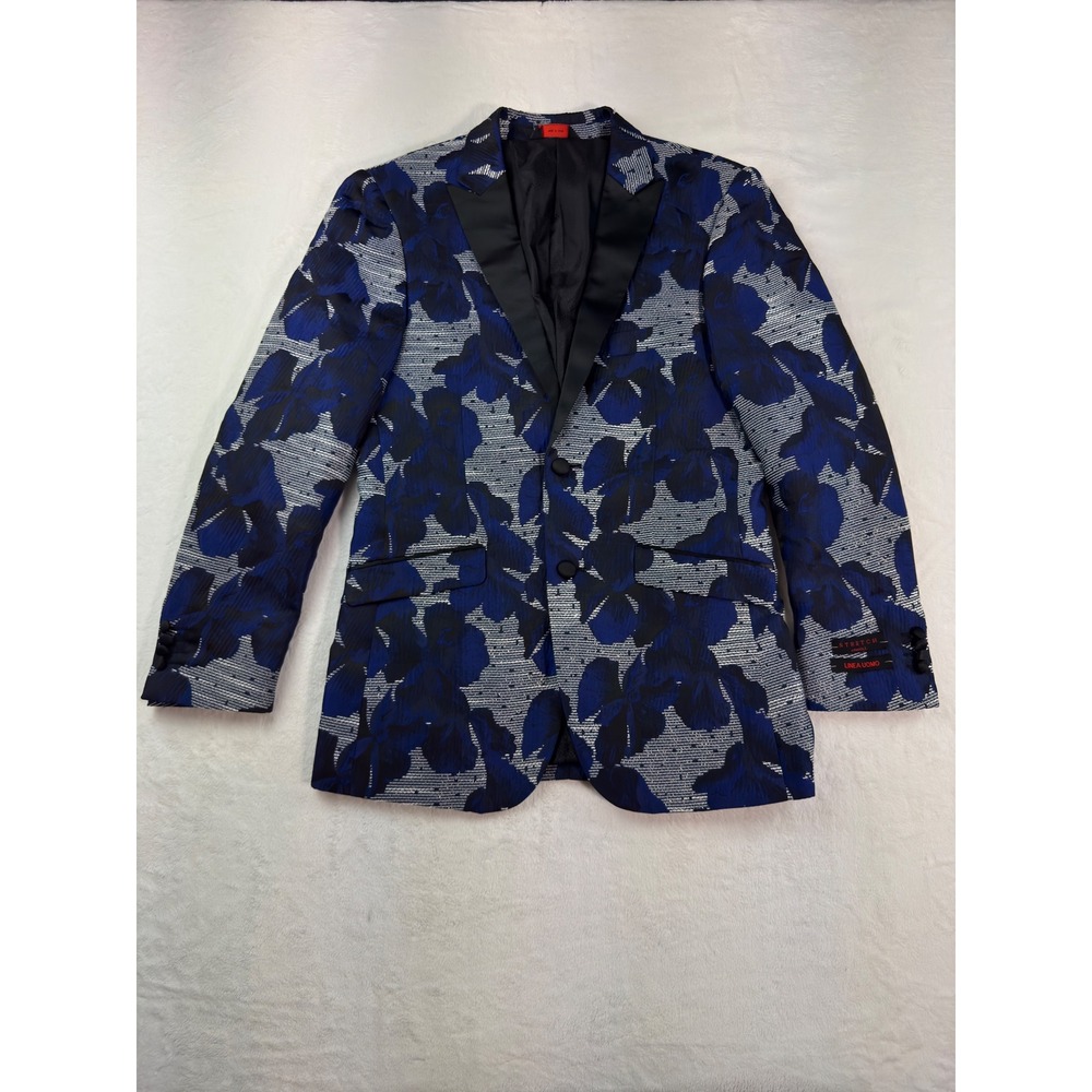 Linea Uomo Mens Blue Floral Jacquard Blazer Satin Peak Lapel 38R Slim Fit Jacket